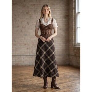100% Pure Wool A-Line Plaid Maxi Long Skirt Size 10 Brown Vintage talbot brown